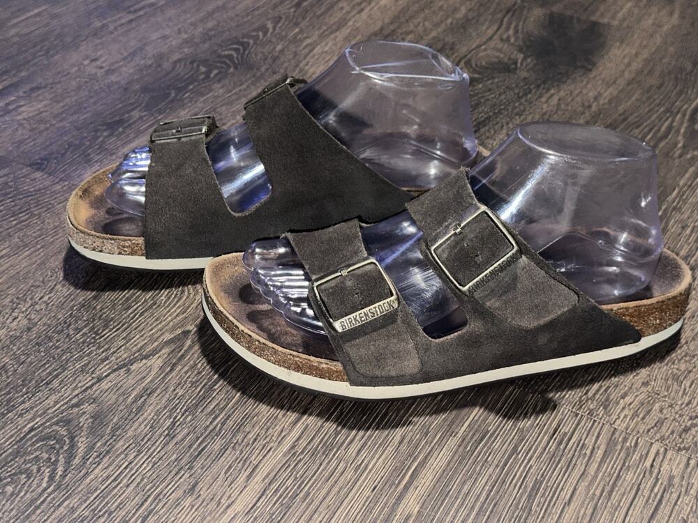 Birkenstock Arizona Birkibuc Gray Leather Shoes Sandals Rubber Sole Sz 38 US 7 - Picture 1 of 11